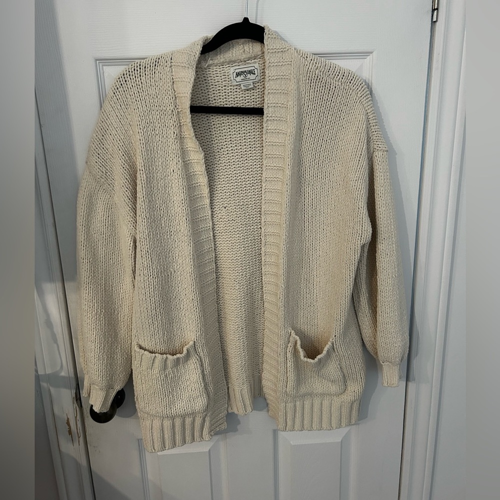 American Eagle Chenille Cream Knit Cardigan with Pockets